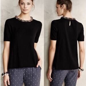 Anthropologie HWR Beaded Neckline Black Tunic Sweater - L Soft Glam, Relaxed Fit